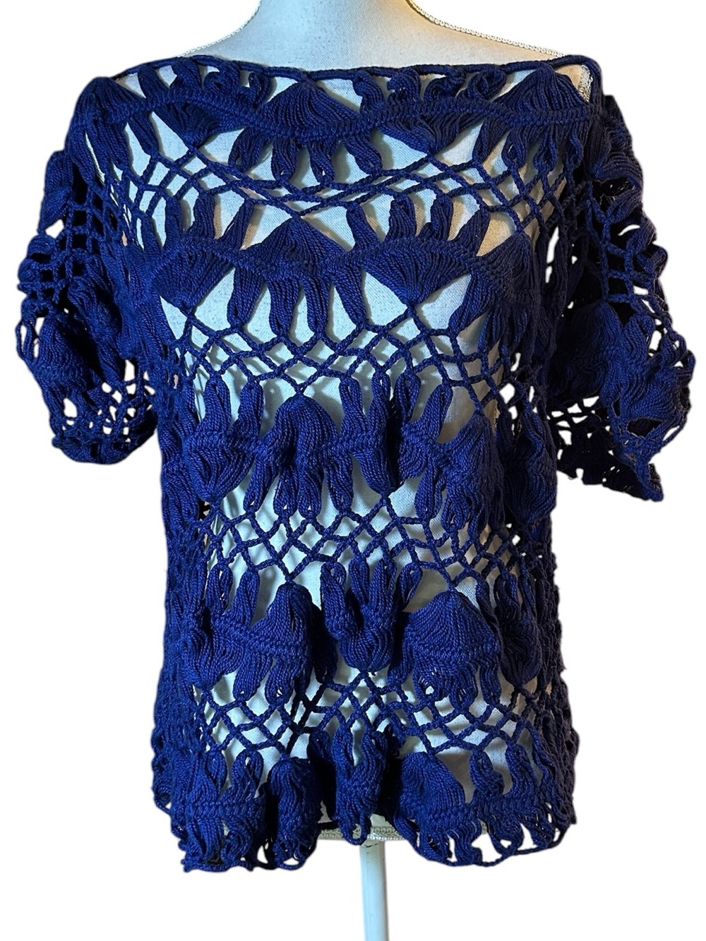 Women's Navy Crochet Scoop Neck Sweater Top